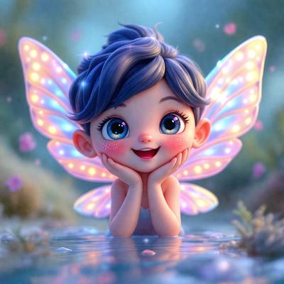 The primary subject of the image is a cute, colorful, and lighted fairy. The fairy is sitting in a body of water, possibly a pond, and is surrounded by a lush green environment. The visual style of the image is a digital art or illustration, with the fairy's wings and body being brightly lit, giving her a magical and whimsical appearance. The colors and mood of the image are vibrant and cheerful, with the fairy's lighted wings